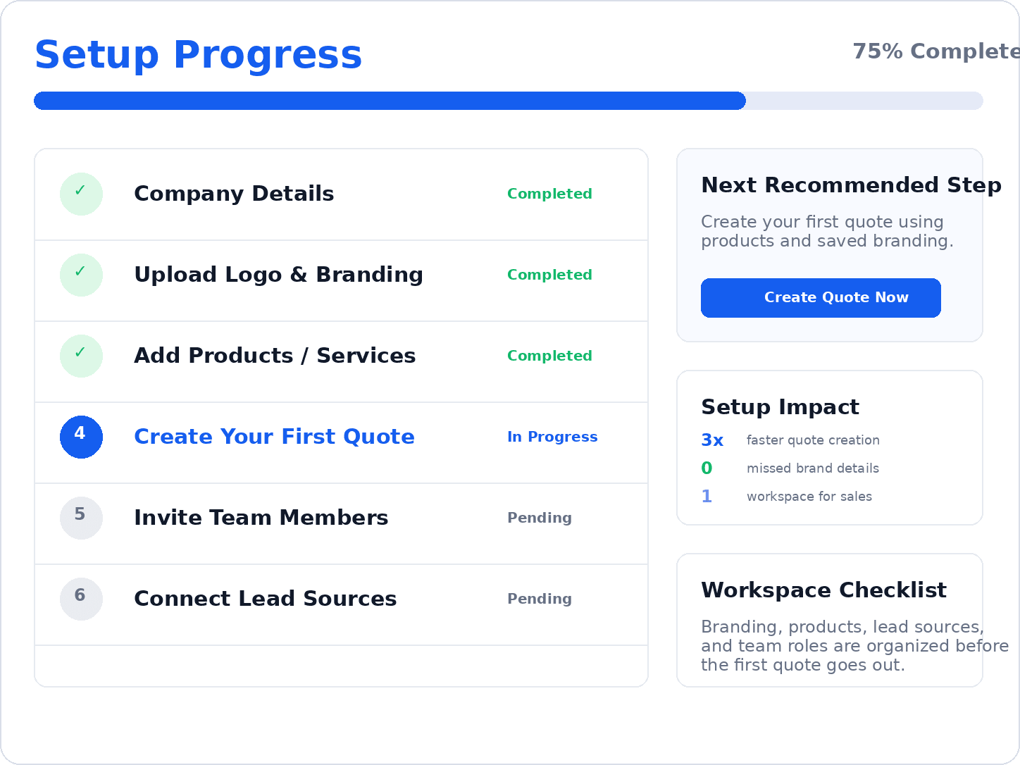 Setup progress checklist with completed steps and the next recommended step