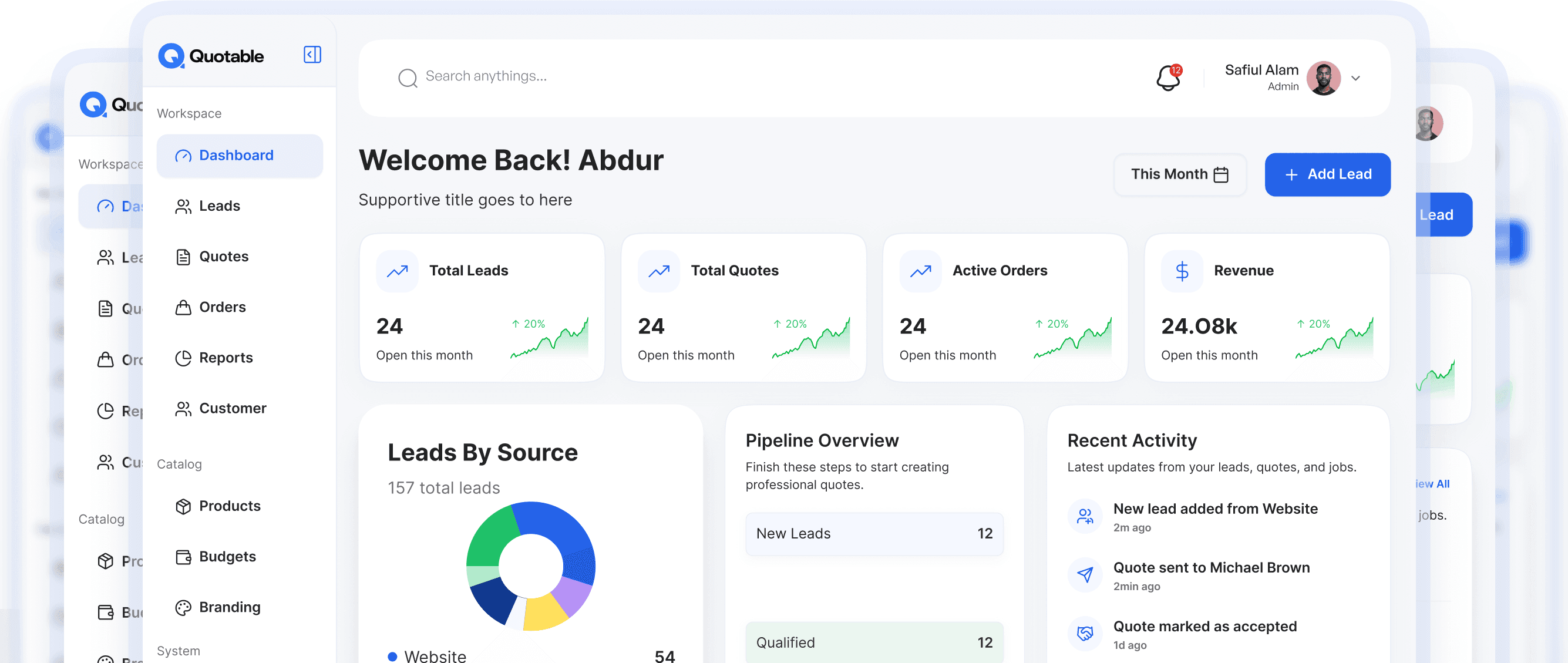 Quotable dashboard showing lead totals, leads by source, pipeline overview and recent activity